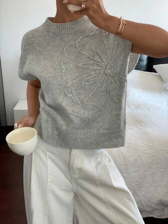 Siren Gaze Dames effen gebreide casual trui, eenvoudig en modieus, dagelijks gebruik, dames effen grijze handgemaakte gebreide bloementop met patroon, nieuwjaarstrui, casual trui, herfst-/winterkleding, kan buiten/binnen worden gedragen, dagelijks gebruik