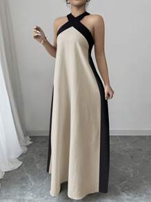 Rafferiza Women's Boho Style Backless Halter Dress With Bowknot Tie & Contrast Color Maxi Skirt, Suitable For Summer Vacation Halter Neck Maxi Dress A Line Dress - Khaki - View 6