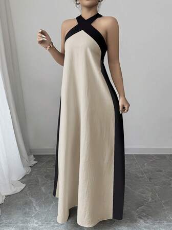 Rafferiza 女式波西米亚风格露背吊带连衣裙，搭配蝴蝶结领带和撞色长裙，适合夏季度假