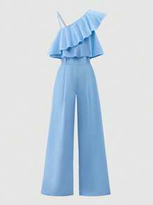 Sparklyn 1 套女童欧美时尚设计斜肩上衣和高腰阔腿裤，时尚、优雅、实用的服装，飘逸柔软，宽松舒适 - 藍色 - 查看 3