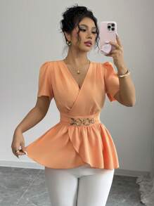 Elenzga Áo sơ mi nữ cổ chữ V mới dệt vải có tay bèo nhún, nút trang trí eo, gấu áo chéo có thiết kế bèo nhún, đa năng, thanh lịch, vừa vặn màu cam - trái cam - Xem 3