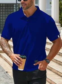 Manfinity Homme Camisa polo de manga corta de unicolor casual para hombres de talla grande, adecuada para verano, formal - azul real - Ver 3
