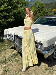 SHEIN EZwear 2-Piece Set Of Women's Butter Yellow Striped Button-Front Vest And A-Line Maxi Skirt - Yellow - View 5