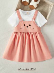 Cozy Pixies 2 件套女婴纯色针织柔软圆领短袖上衣和猫咪图案吊带腰下摆连衣裙 - 彩色 - 查看 3