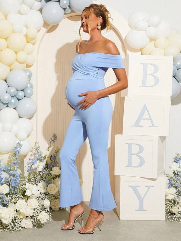 Loomaby Elegant Solid Color Off Shoulder Fitted Jumpsuit For Pregnant Women, Summer Gender Reveal Dress Maternity Dress Baby Shower Dress