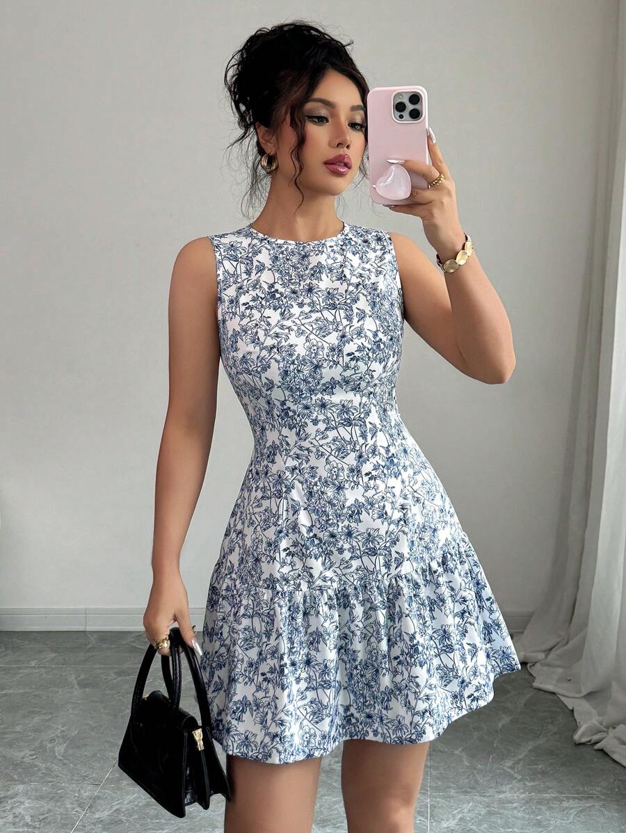 Elenzga Boho Elegant Flower Print Sleeveless Cinched Waist Mini Dress For Women, French Style Woven Graduation Summer Outfit, Spring/Summer