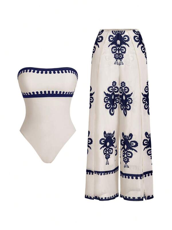 Swim Oasis بدلة سباحة من قطعة واحدة بساق واسعة بأسلوب بوهيمي لشواطئ المنتجعات، مع غطاء من الشبك، بيج وأسود