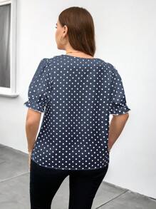 SHEIN Clasi 大码女式春季波点荷叶边V领衬衫，白色和黑色 - 藍色 - 查看 2