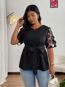 Calvaya Femmes grande taille Blouse romantique élégante à col V en maille transparente avec volants et nœud papillon. Vêtements d'été pour femmes. Hauts élégants pour femmes grande taille. Hauts décontractés chics pour femmes. Chemisiers pour femmes. - Noir - Voir 7