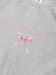 Vestido largo plegado con cintura marcada, cuello redondo, letras y decoración de lazo para adolescentes/niñas, vestido de verano casual de punto cómodo - Gris - Ver 5