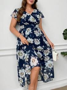 Ellevyn Plus Size Elegant Floral Print Dress,Navy Blue,Summer,Wedding Bridal Guest,Graduation Dresses For Women,Prom Party,Birthday,Graduation Outfit,Black - Multicolor - View 7
