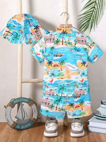 3pcs/Set Young Boy Casual Resort Style Polo Collar Digital Printed Comfortable Fabric Short Sleeve Buttoned Top Paired With Elastic Waist Shorts + Bucket Hat. Comfortable & Fashionable, Suitable For Summer Wear, Showcase Boy's Personalized Charm, Fit For 4-7 Years Old Kids On Vacation, Beach, Outdoor Activities - Blue - View 2