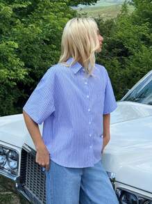 Comfortcana Regular Women Blue Striped Bow Decor Backless Cropped Shirt,Perfect For Holiday Wear