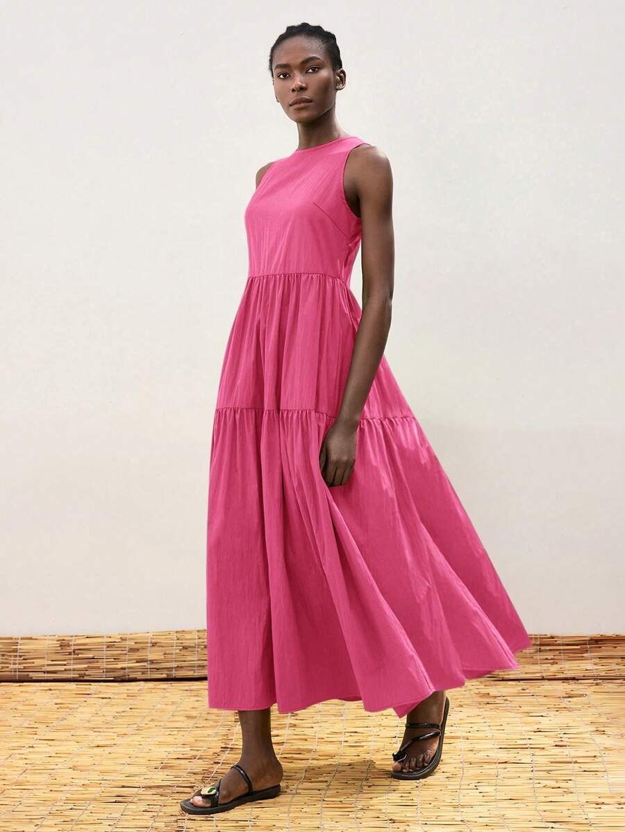 Maija Women's Fuchsia Oversized Pleated Circular Hem Design Casual Loose Fit Comfortable Round Neck Sleeveless Horizontal Splicing Dress, Elegant Resort Boho Beach Maxi Dress - Hot Pink - View 1