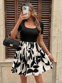 SHEIN Clasi Damen Patchwork Blümchen Rundhals Kurzarm Lässig Sommer Urlaub Kleid - Verschiedenfarbig - Übersicht 5