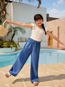 SHEIN Holiday,Summer,Travel  Tween Girls Textured Knit Short Sleeve T-Shirt With Crossback Design, Slim Fit, Casual For Vacation, Daily School Wear, Suitable For Summer - White - View 2