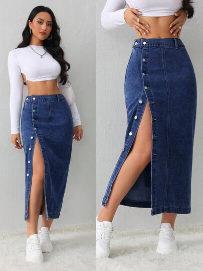 SHEIN Tall Falda vaquera azul casual y holgada con abertura lateral, falda midi para mujeres altas, falda azul claro, falda azul, ropa de invierno para mujeres