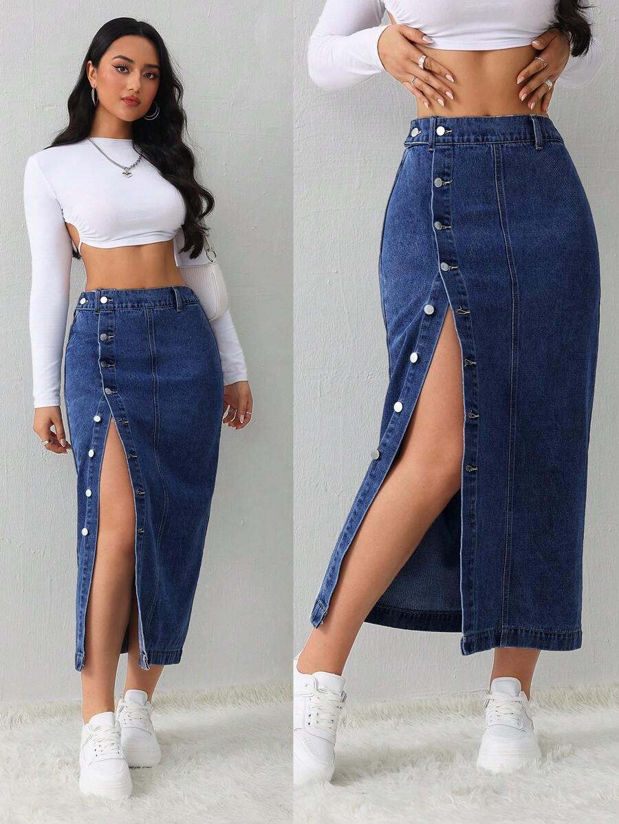 SHEIN Tall 女士牛仔裙休闲宽松侧开叉蓝色中长裙高腰女裙浅蓝色裙子蓝色裙子冬季女装 - 深色水洗藍 - 查看 1