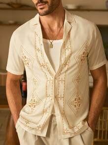 Manfinity VCAY Áo sơ mi dệt tay ngắn in họa tiết hình thoi dáng ôm vừa vặn cho nam - Màu vàng - Xem 1