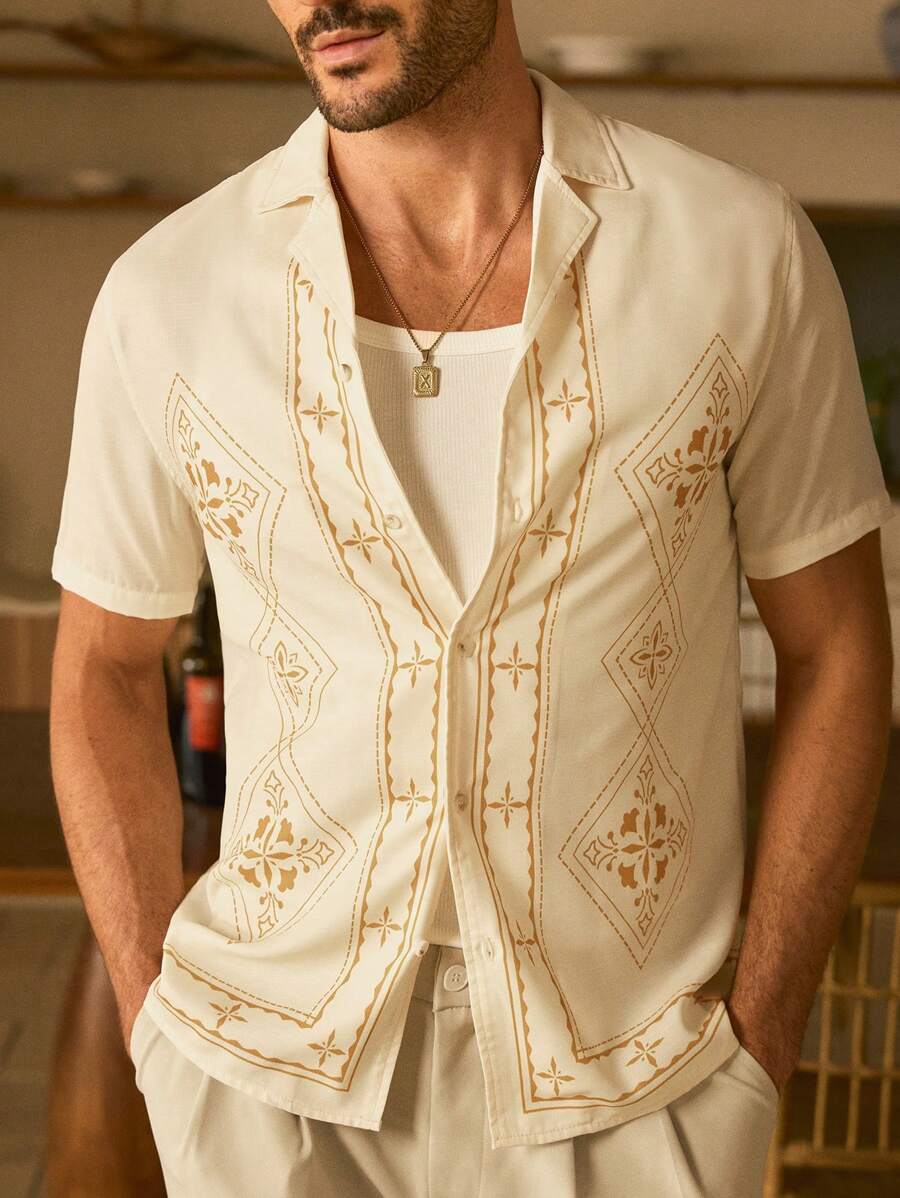 Manfinity VCAY Áo sơ mi dệt tay ngắn in họa tiết hình thoi dáng ôm vừa vặn cho nam - Màu vàng - Xem 1