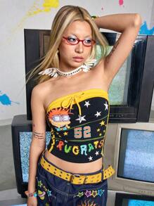 Nick 90's X ROMWE Áo ống bó sát họa tiết hoạt hình và số bóng đá dễ thương Y2K - Nhiều màu - Xem 4