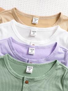 Conjunto de 4 piezas de ropa para niños, estilo casual y cómodo para niño pequeño, tela con textura cómoda, detalles de botones con estampado de madera en polo, camiseta cuello redondo de manga corta en multipack de 4 colores, adecuado para uso en casa, ocio, salidas, juegos, escuela, primavera/verano - Multicolor - Ver 3