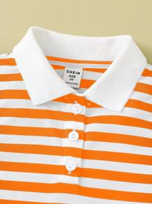 Young Girl Striped Polo Collar Form-Fitting Casual Crop Top - Orange - View 3