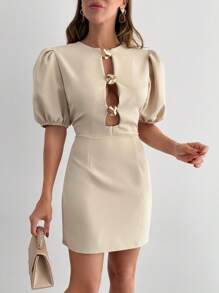 EURMUSE Robe courte en or massif avec accessoires détaillés pour femme - Beige - Voir 3