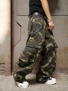 Manfinity EMRG Men's Casual Camo Print Cargo Denim Jeans Cargo Wide Leg Pants Men Baggy Camo Wide Leg Pants Baggy Going Out Urban Hang Out Street Vacation - Army Green - View 6