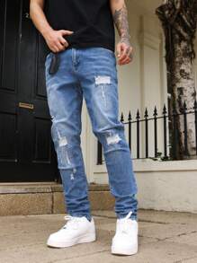 Manfinity EMRG Men's Ripped Pocket Casual Denim Jeans - Light Wash - View 7