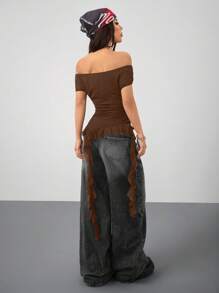 Coolane 女士休闲音乐节露肩网眼荷叶边不对称下摆上衣