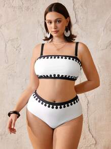 Swim Oasis Women Plus Size 3pcs Set White Summer Boho Beach Holiday Tube Top & High Waist Flared Skirt,Detachable Strap & Padding,Casual Resort Style Swimsuit - Multicolor - View 5