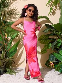 SHEIN Tween Girl Casual Vacation Cross Strap Swing Neckline, Ombre Floral Print, Snug Fit Slit Dress,Summer Dresses