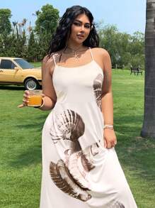 SHEIN EZwear 大码夏季度假休闲海滩海洋元素连衣裙 - 米色 - 查看 5