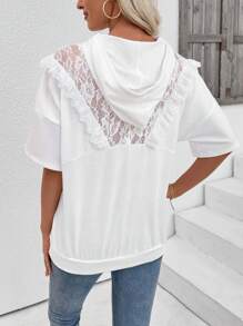 SHEIN LUNE Áo nỉ trùm đầu ren tương phản màu trắng của Nhật Bản có viền ren thời trang thu đông - trắng - Xem 2