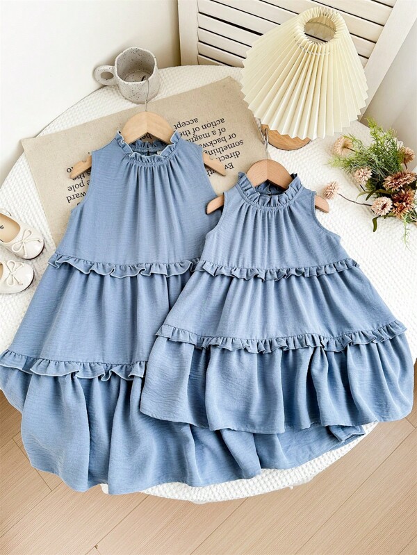 LMoss Kids LMoss  Baby Girl Woven Solid Color Round Neck Ruffle Trim Snug Fit Dress Toddler Spring Dress Kids Dresses For Toddlers Toddler Princess Dress Toddler Elegant Dress  Sisters Outfit  Girls Summer Dresses Spring Dresses For Girls Summer Clothes For Girls Spring Girl Clothes
