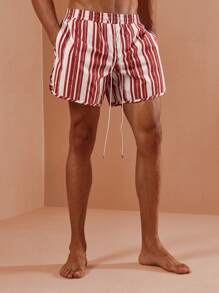 SUMWON Sommer Urlaub Strand Shorts gestreifte Badeshorts Lässig Resort Pool Tragen Knie Länge Kordelzug Badeshorts Elastischer Bund Boardshorts - Rot - Übersicht 1