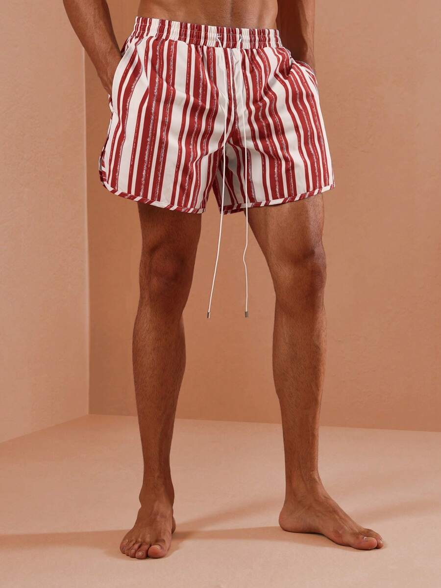SUMWON Sommer Urlaub Strand Shorts gestreifte Badeshorts Lässig Resort Pool Tragen Knie Länge Kordelzug Badeshorts Elastischer Bund Boardshorts - Rot - Übersicht 1