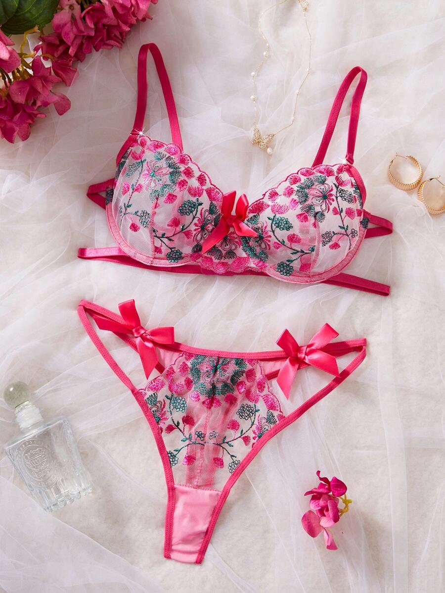 Bộ đồ lót ren lưới thêu hoa 2 món/bộ cho nữ - Màu Hồng Tươi - Xem 1