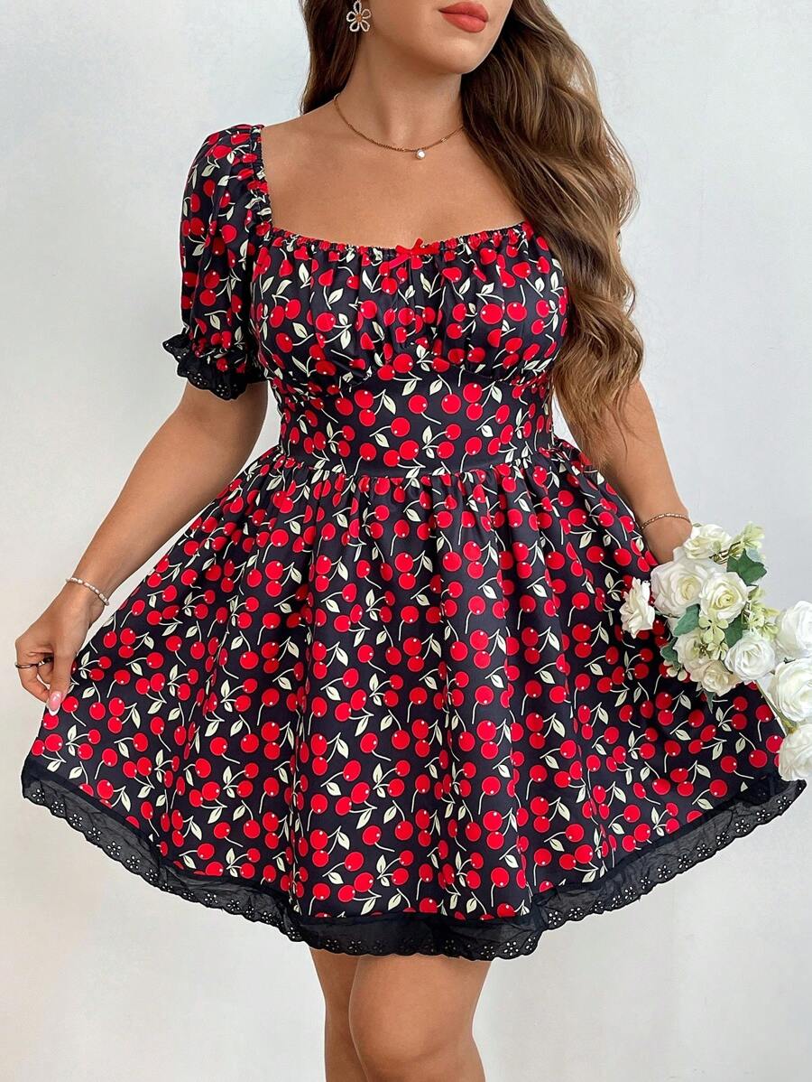 Flirla فستان صيفي قصير بأكمام منتفخة وفيونكة علي الخصر، مناسب للمقاسات الكبيرة - متعدد الألوان - مشاهدة 1