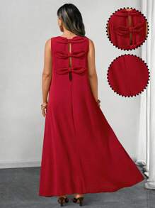 Sunserae 加大码圆领无袖后背蝴蝶结装饰休闲优雅连衣裙，适合外出和聚会 - 酒紅色 - 查看 6