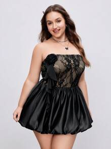 SHEIN MOD Vestido-mono de princesa con volantes y encaje, talla grande. Mono con parches de encaje sexy y floral, estilo bandeau - Negro - Ver 3