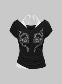 ROMWE Goth Top 2 en 1 pour femmes ajusté avec taille resserrée et imprimé serpent Y2K - Noir et Blanc - Voir 1