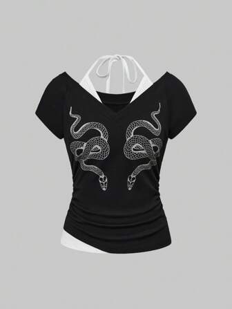 Goth Top 2 en 1 pour femmes ajusté avec taille resserrée et imprimé serpent Y2K