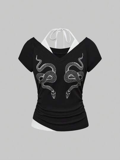 Goth Top da donna aderente a vita stretta con stampa di serpente in stile Y2K, plissettato, 2 in 1