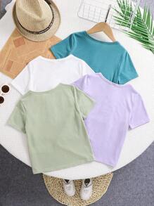 Conjunto de 4 piezas de ropa para niños pequeños, estilo casual y cómodo, tela suave y texturizada, detalles de grano de madera, camisetas polo de manga corta, 4 colores diferentes, adecuado para casual, exterior, escuela, primavera/verano
