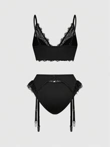 ROMWE Goth Conjunto de lencería sexy con bralette de triángulo con encaje gótico y pantalla, con ligas
