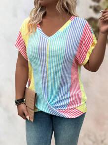 EMERY ROSE Plus Size Women's Casual V-Neck Rainbow Color Hem Twist Knot Design Short Sleeve T-Shirt, Slimming - Multicolor - View 6