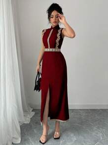 Chiquease Elegant Fashion Mandarin Collar Sleeveless Floral Embroidery Patchwork Cinched Waist Dress, Versatile For Daily Wear - Red - View 3