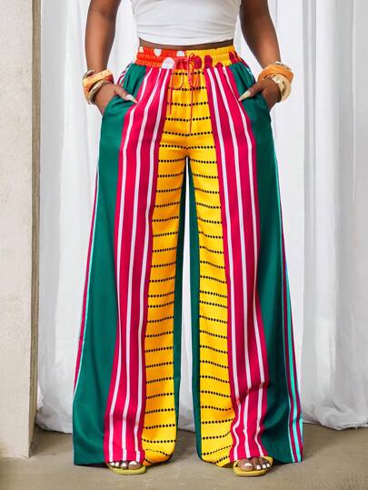 BamGleam 2025 Summer New Wide Leg Sexy Color Blocked Casual Pants With Pockets Suitable For Parties And Holidays Fall Cloth For Women